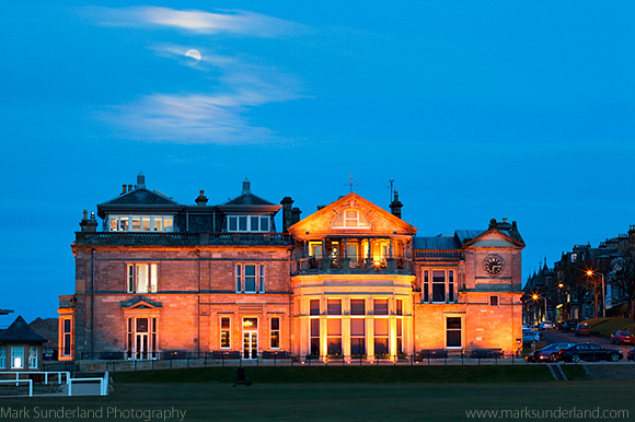 Moonrise over the Royal and Ancient Golf Club St Andrews Fife Scotland
